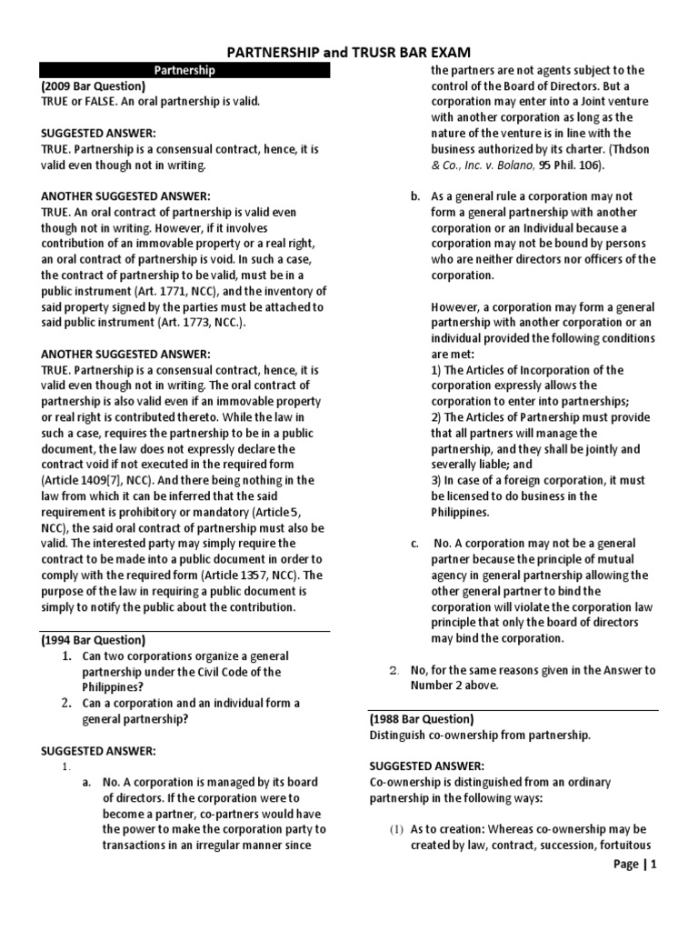 Partnership and Trust Bar Questions | PDF | Partnership | Trust Law