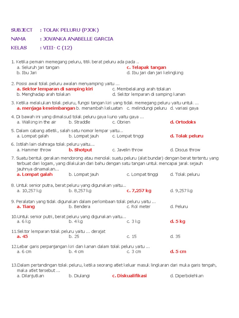 Soal Penjasor Tentang Tolak Peluru Docx