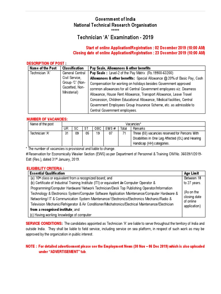 Notification Ntro Technician A Posts Civil Service Employment