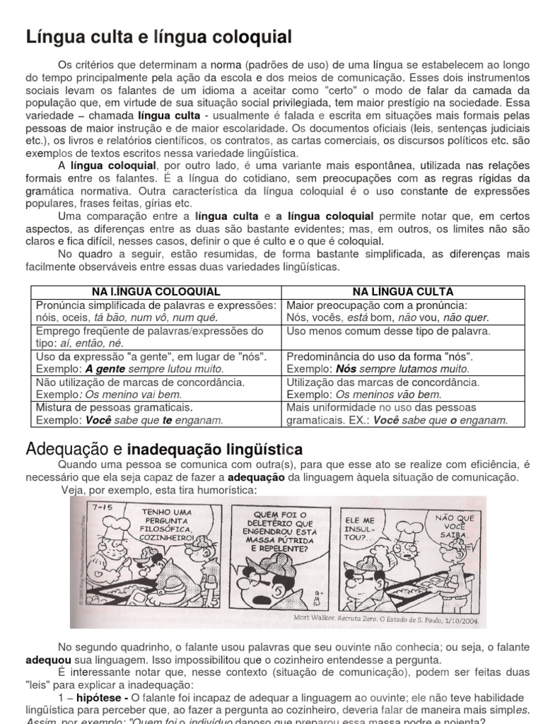 Diferenças entre Língua Culta e Coloquial | PDF | Linguagem natural ...