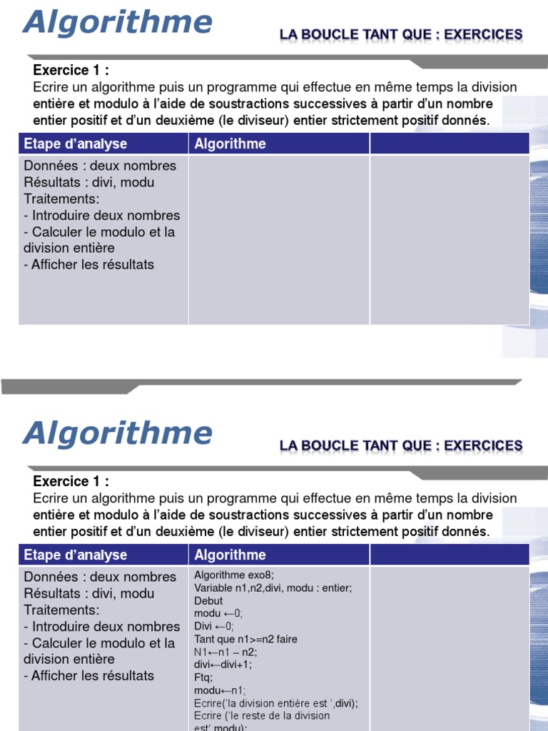 Algorithmes de Boucle Tant Que et Exemples | PDF | Entier naturel | Nombre