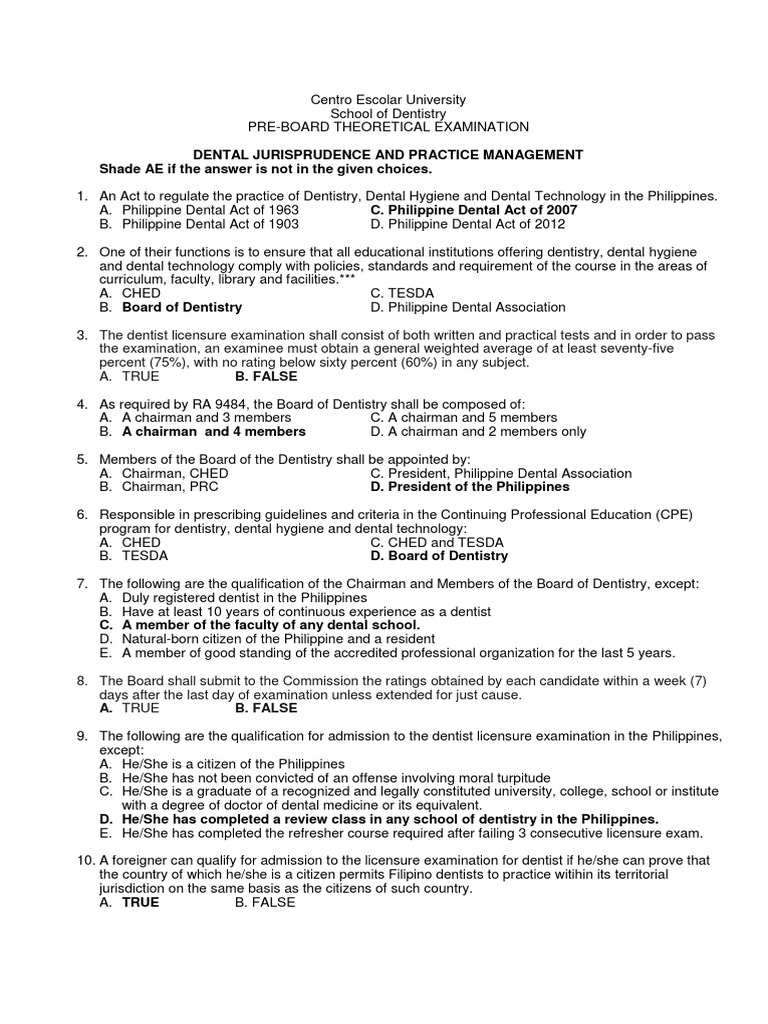Ceu Pre Board Exam 8 Juris and Practice Management PDF Dental
