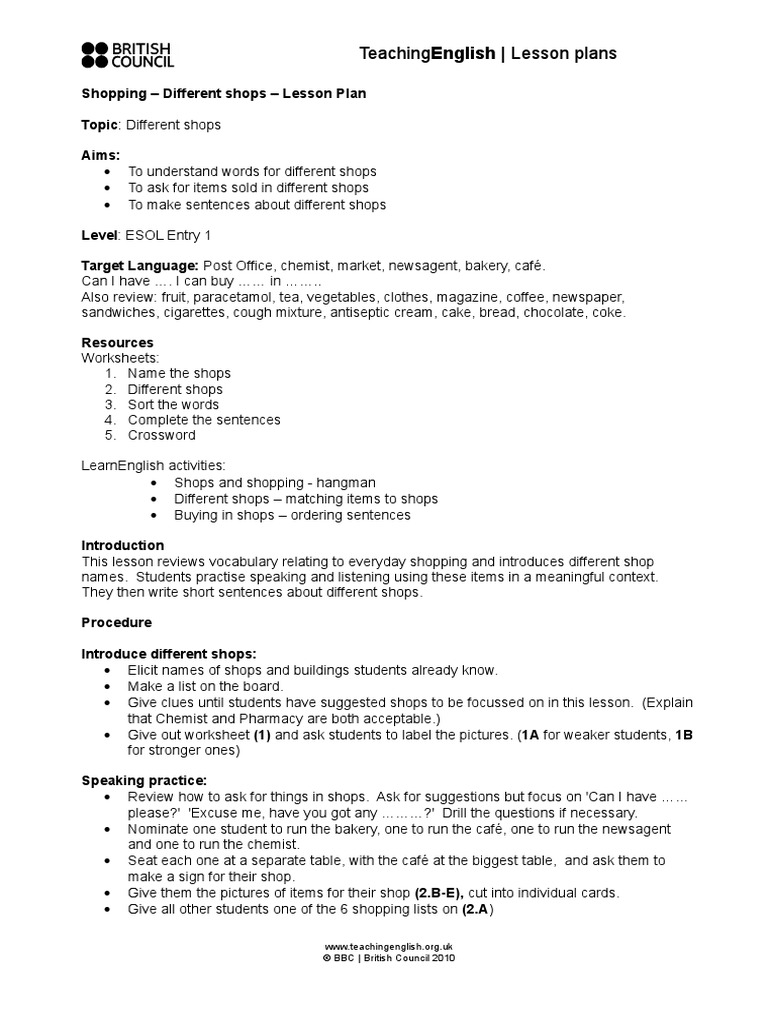 Shopping Different Shops Lesson Plan | PDF | Vocabulary | Behavior ...