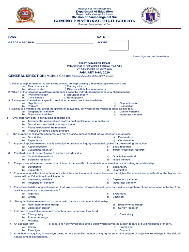 1st Quarter Exam For 2nd Semester - Practical Research 1 | PDF ...