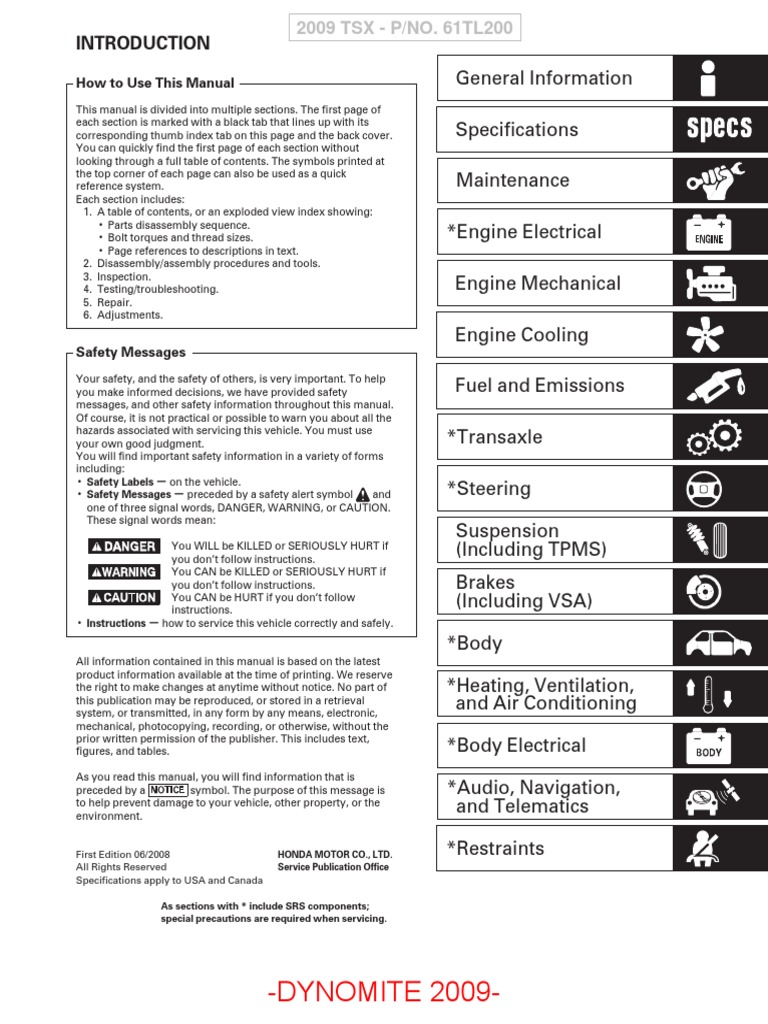 2009 Acura TSX Service Manual Overview | PDF | Airbag | Piston