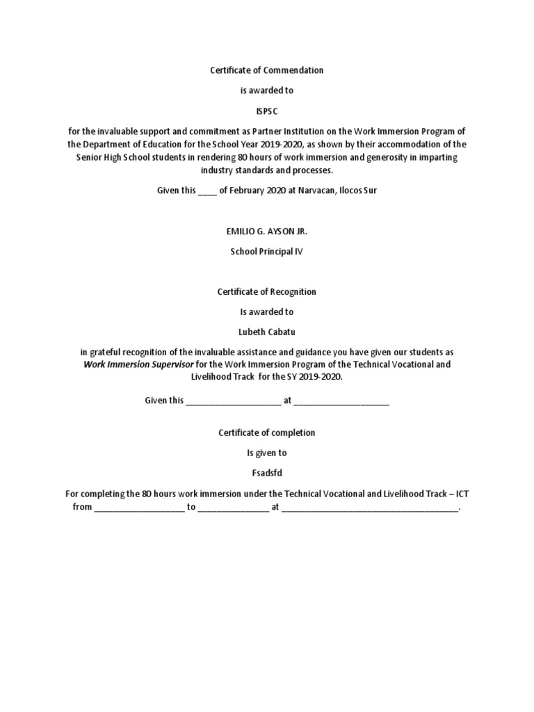 Certificate of Commendation Samples | PDF | Career & Growth | Business