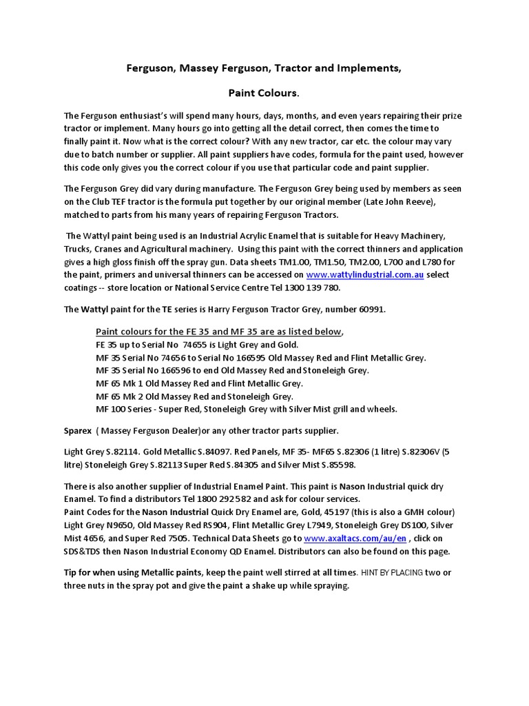 Paint Codes For Ferguson and MasseyfFergsuon Tractors and Implements