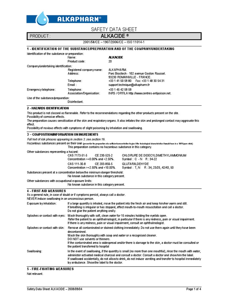 MSDS Alkacide en 20080409 | PDF | Solution | Water