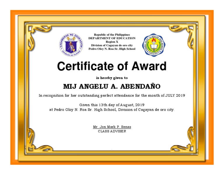 Perfect Attendance Cert PDF