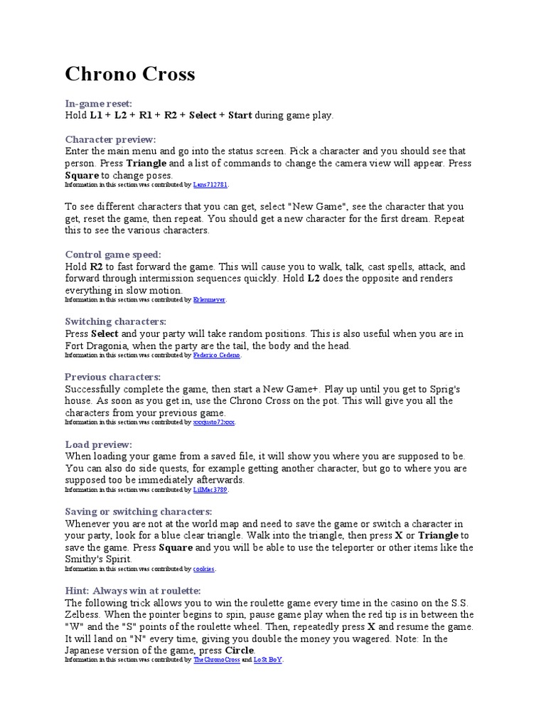 Chrono Cross InGame Reset PDF Roulette Gaming