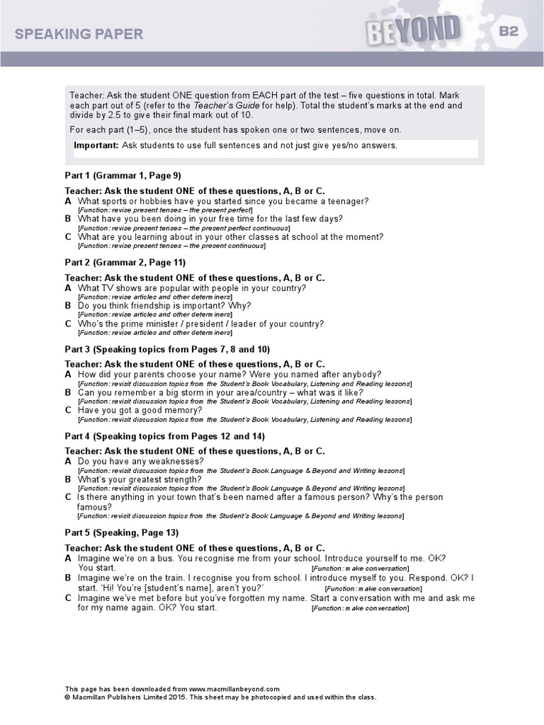 Bey B2 Unit1Test SpeakingPaper | PDF | Question | Human Communication