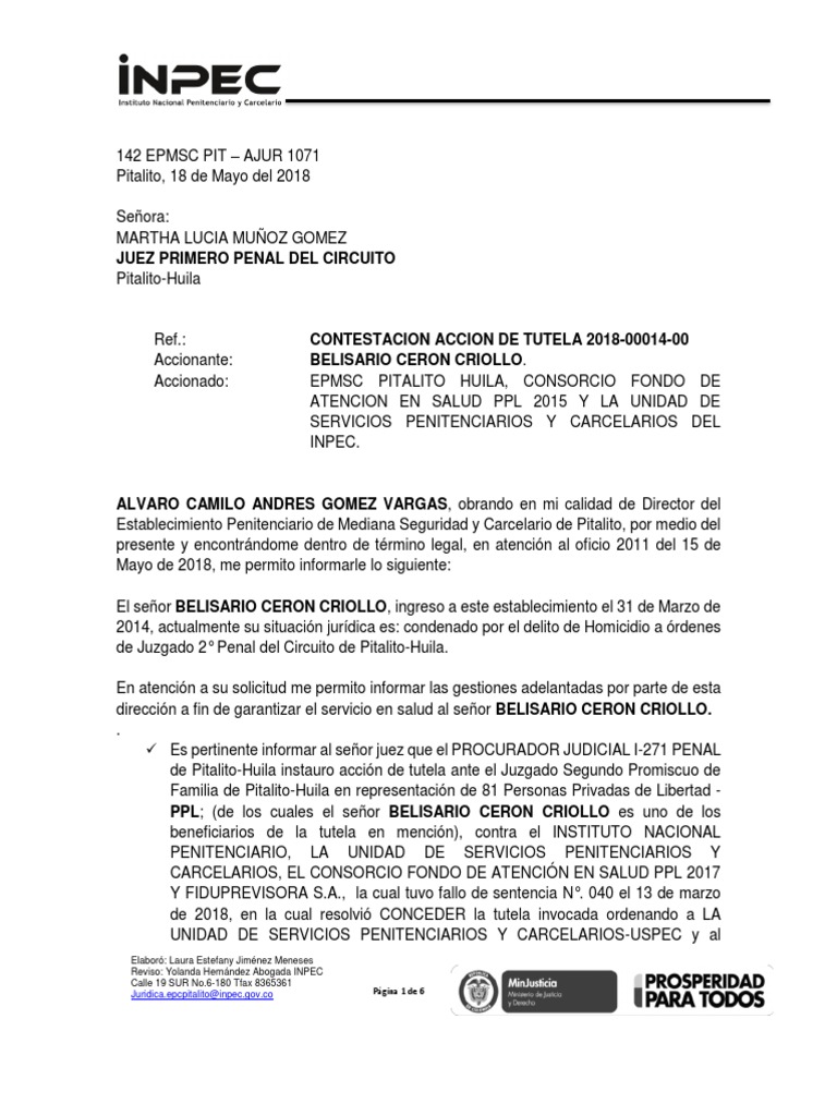 Contestación Acción de Tutela Pitalito | PDF | Instituciones sociales ...