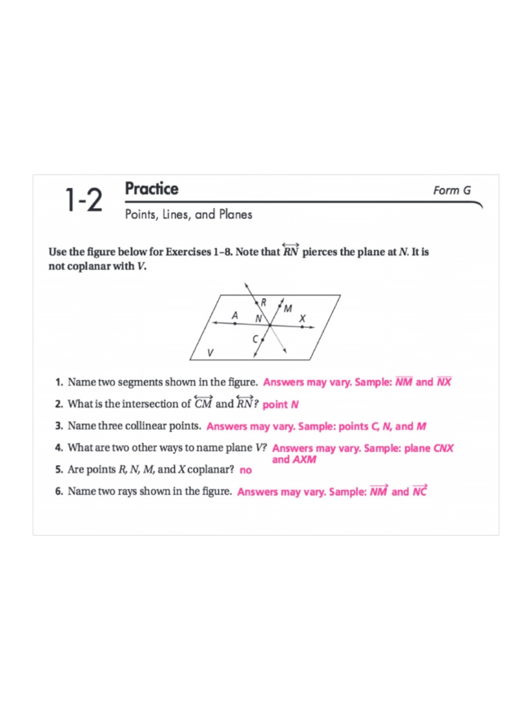 1111.1111 Worksheet Form G Pgs. 1111-1111 Answers From Book-1111 Intended For Points Lines And Planes Worksheet