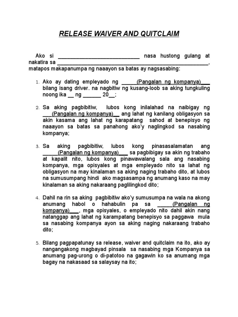 Idoc - Pub - Release Waiver Quitclaim Tagalog Form | PDF