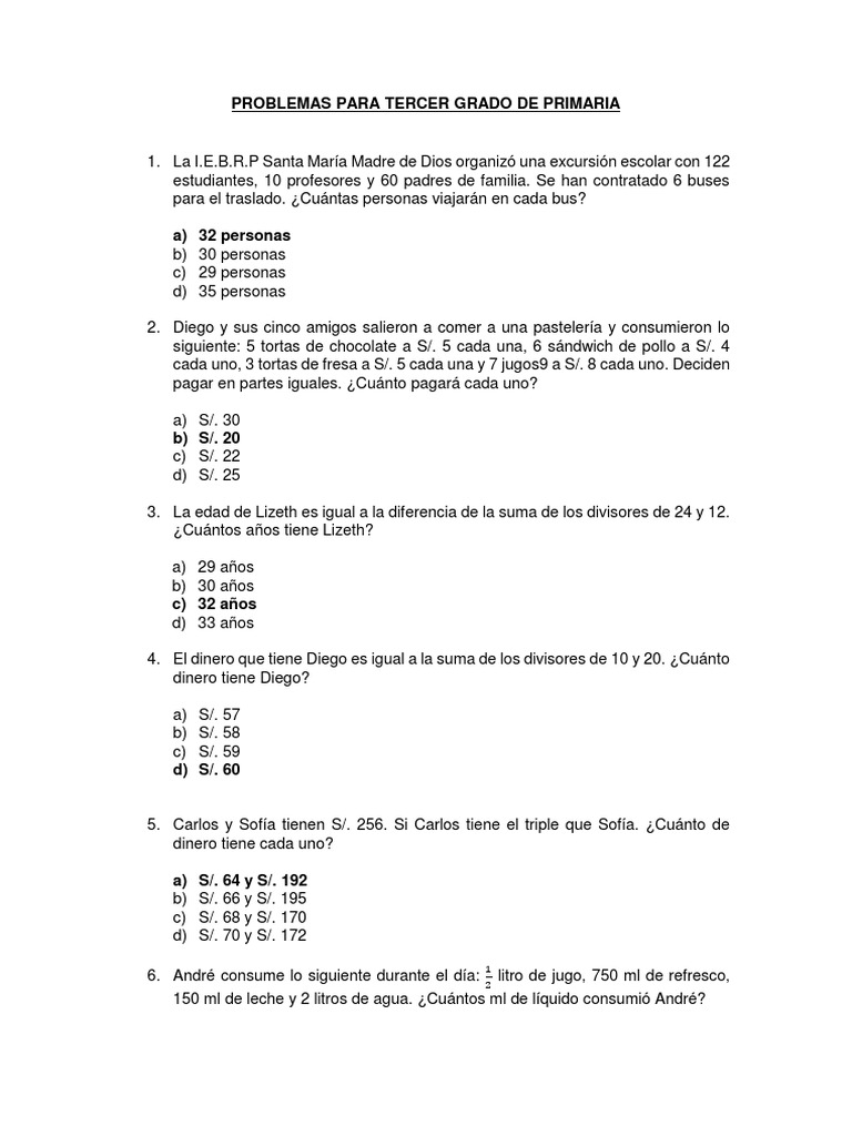 Problemas de Matematica para Tercer Grado de Primaria | PDF | Deportes ...