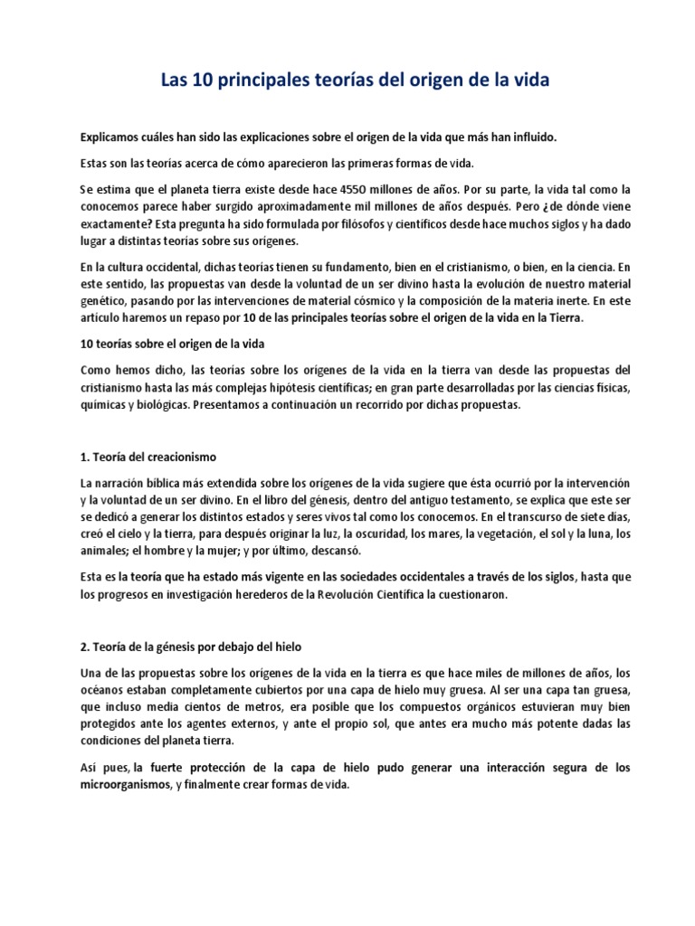 10 Teorías sobre el Origen de la Vida | PDF | Abiogénesis | Vida