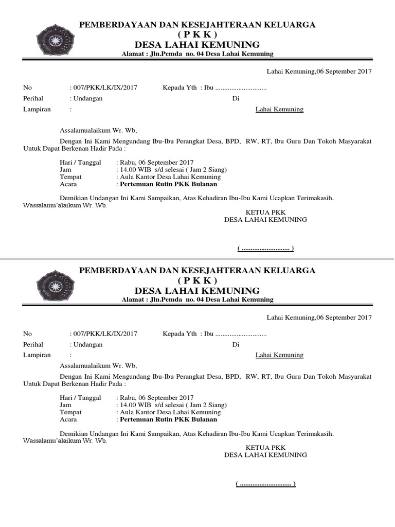 Contoh Undangan PKK Di Desa Atau Kelurahan (1 Kertas 2 Undangan) | PDF