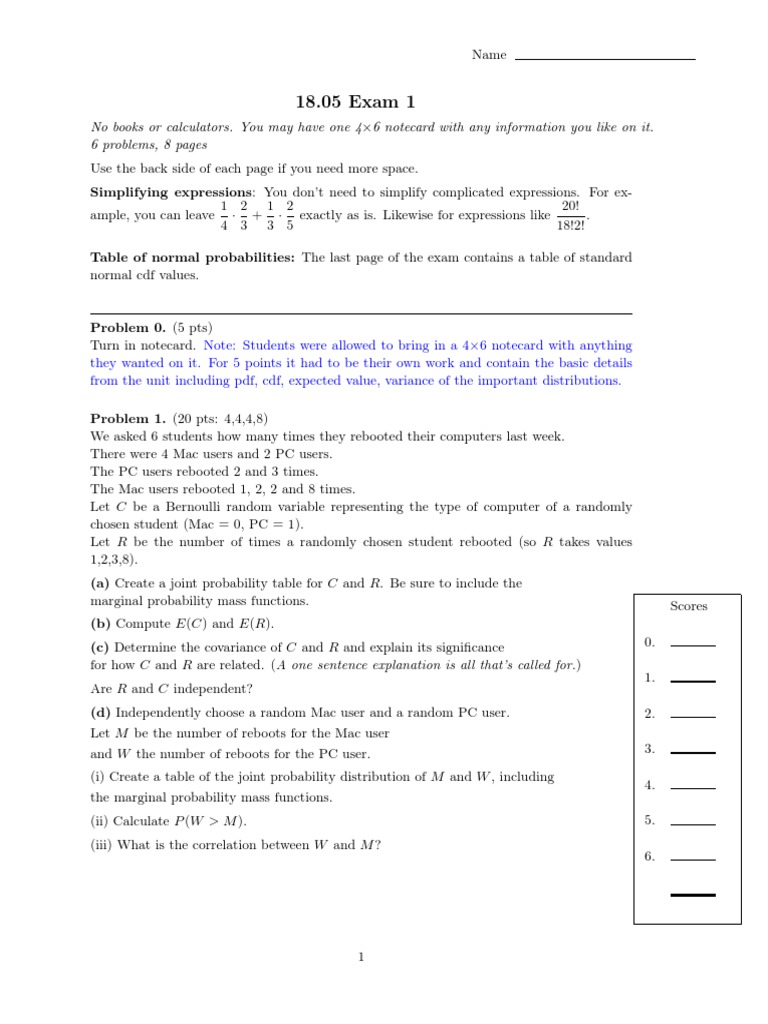 18.05 Exam 1: Probability & Statistics | PDF | Probability Density ...
