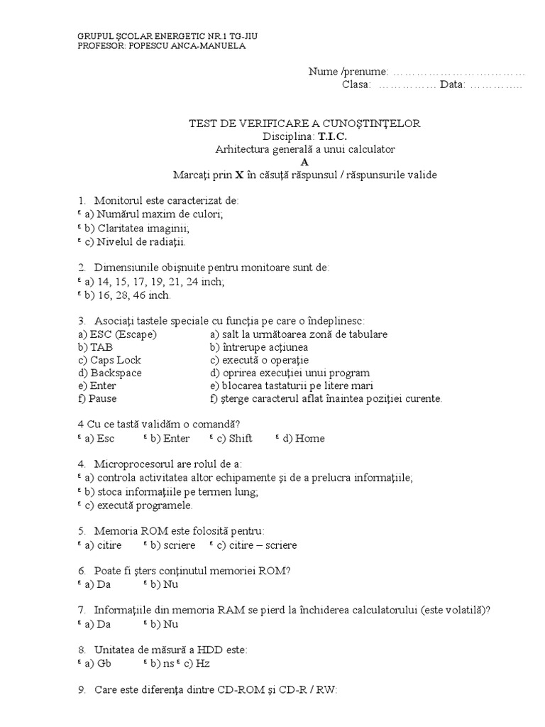Test Tic Clasa A 9-A | PDF