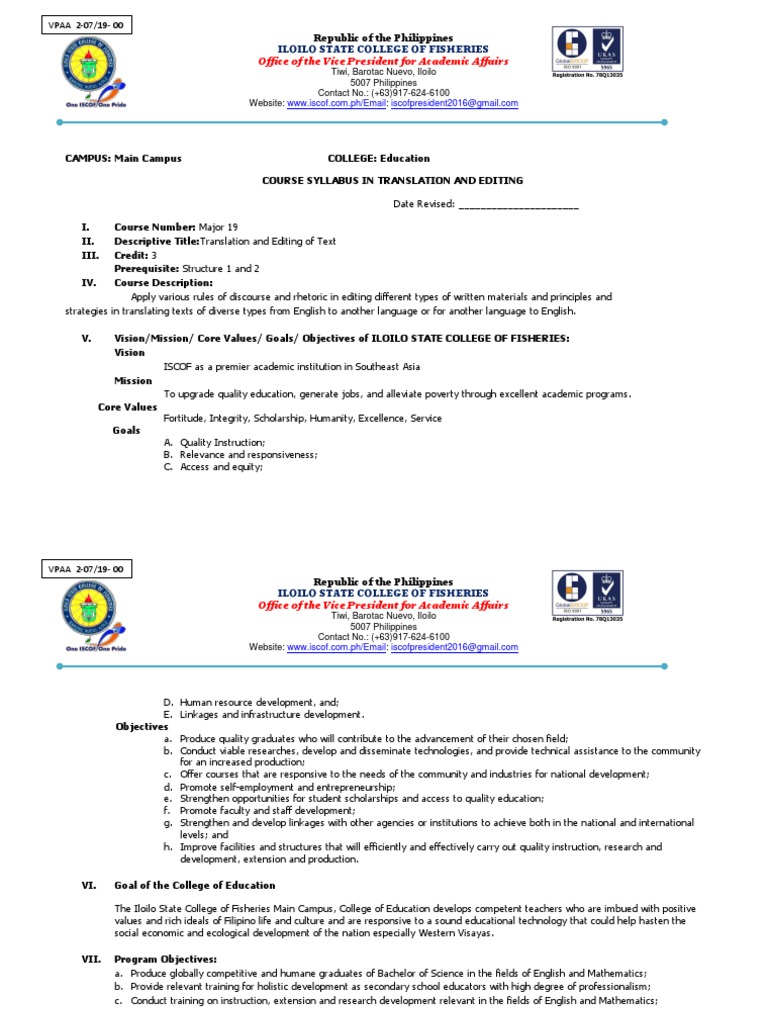 Course Syllabus in Translation and Editing PDF Translations College