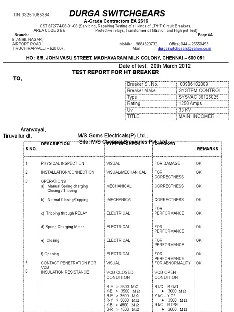 Vacuum Circuit Breaker Test Report PDF Relay Power (Physics)