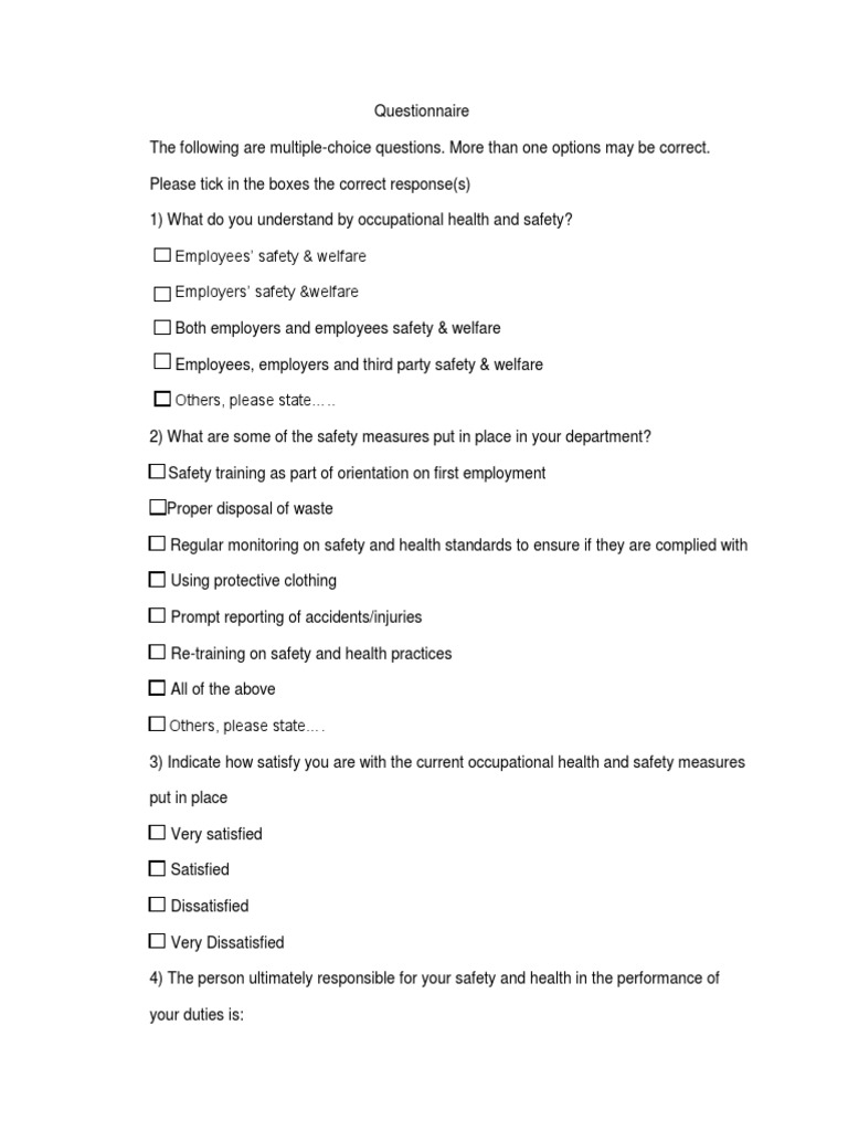 Questionnaire PDF Occupational Safety And Health Safety