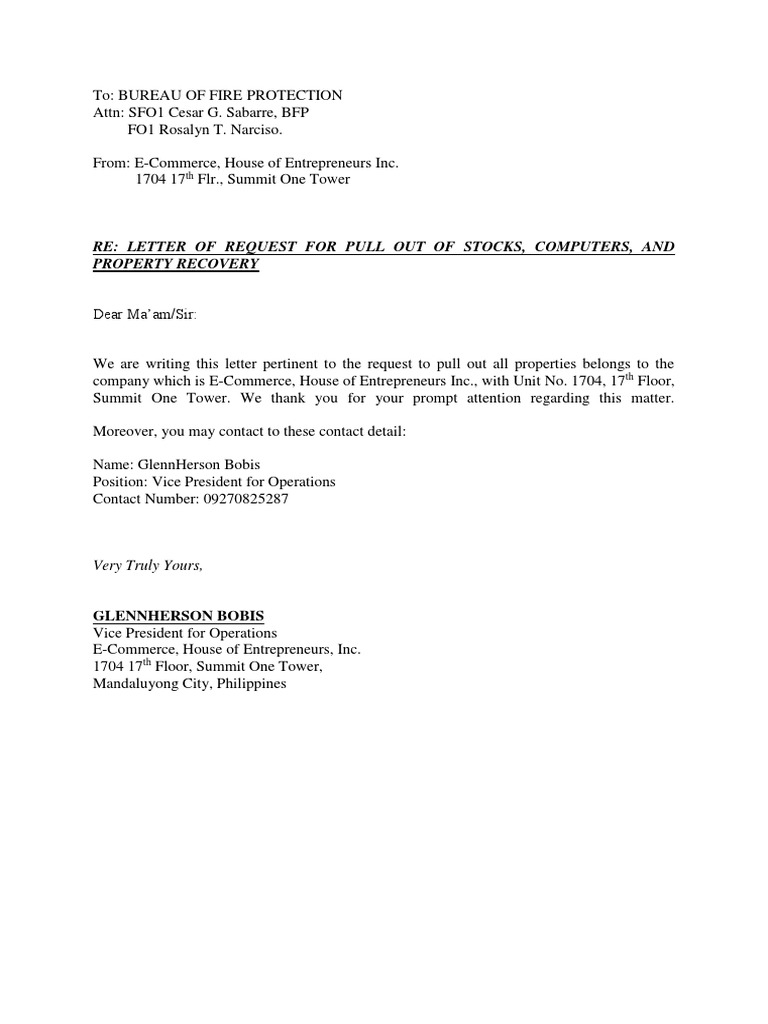 Letter of Request To Pull Out Computers and Recover Properties PDF