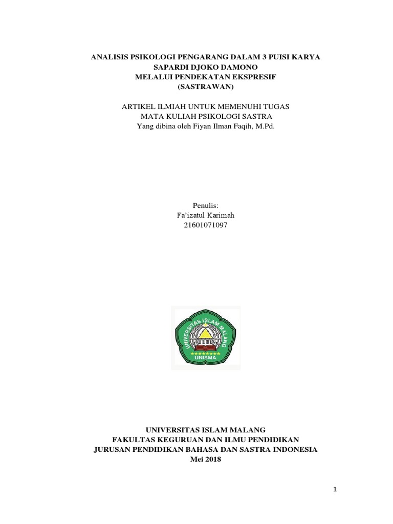 Analisis Psikologi Pengarang Dalam 3 Puisi Karya Sapardi Djoko Damono Melalui Pendekatan Ekspresif Sastrawan Pdf