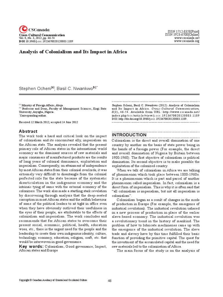 Analysis Of Colonialism And Its Impact In Africa Ocheni And Nwankwo Cscanada 12 Colonialism Taxes