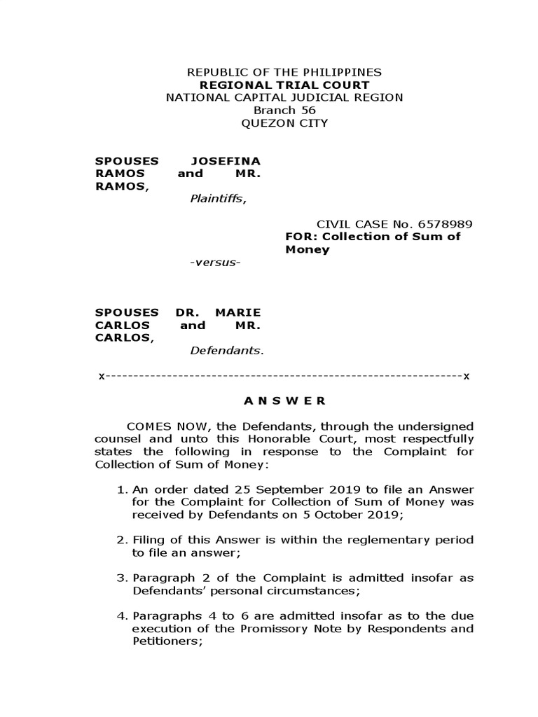 Complaint For Collection of Sum of Money | PDF | Complaint | Lawsuit