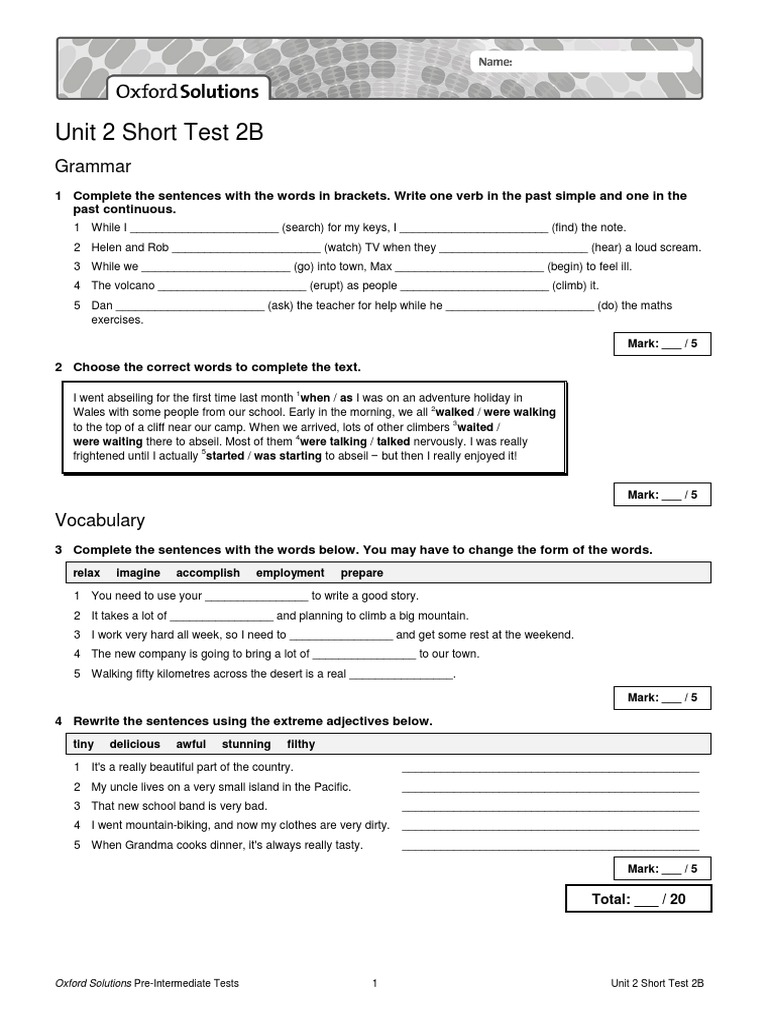 Oxford Solutions Pre Intermediate Test Unit 2