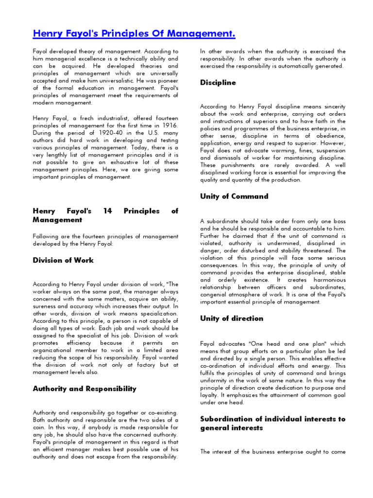 Henry Fayol's 14 Principles of Management | PDF | Decentralization ...