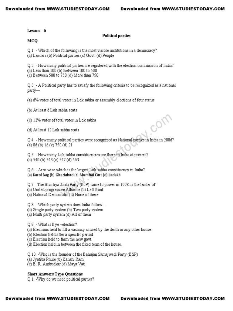 CBSE Class 12 Social Science MCQs For Political Parties PDF Indian