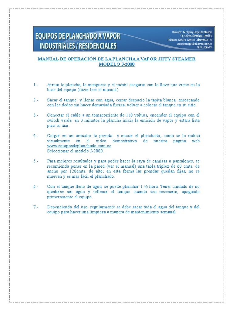 MANUAL DE OPERACIÓN DE LA PLANCHA A VAPOR JIFFY STEAMER j2000 PDF