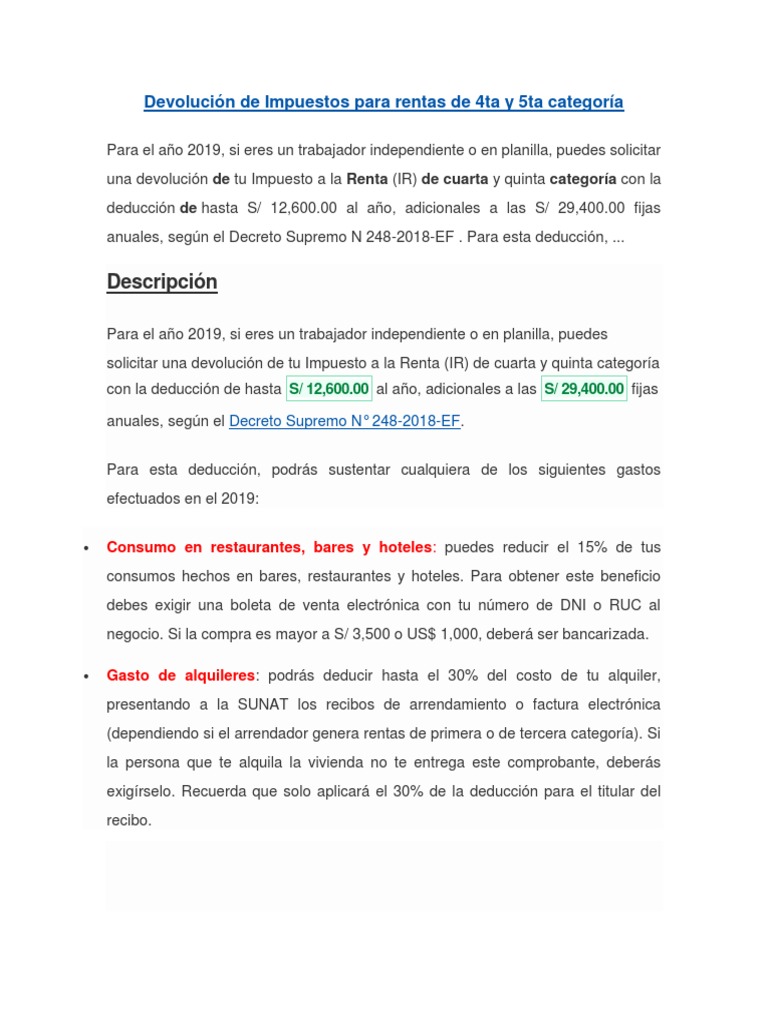Deducciones de Renta de 4 y 5 Categoria | PDF | Impuesto sobre la renta ...