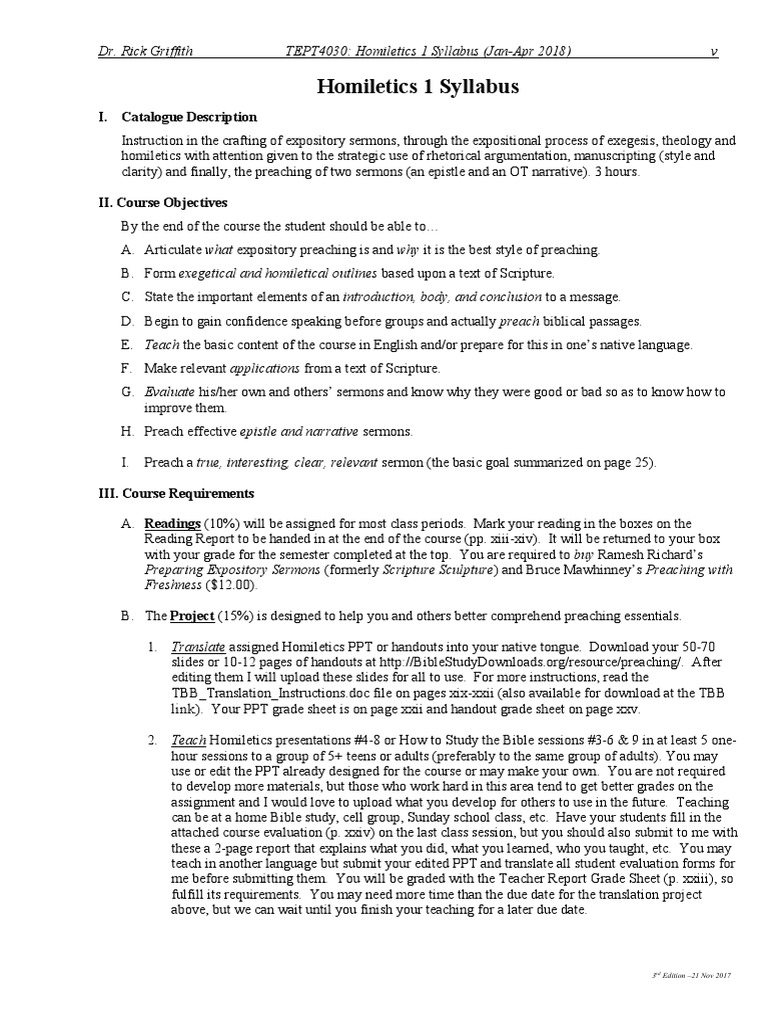 01-Homiletics 1 Syllabus Jan 18 Eng PR 4292 v3 | PDF | Expository Preaching  | Sermon