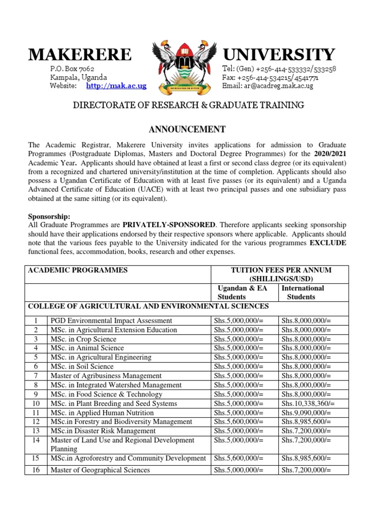 Makerere University Graduate Courses For 2020/2021 Academic Year PDF