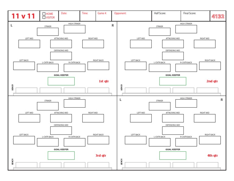 Soccer Formation Lineup Sheet 11v11 4132 PDF Defender (Association