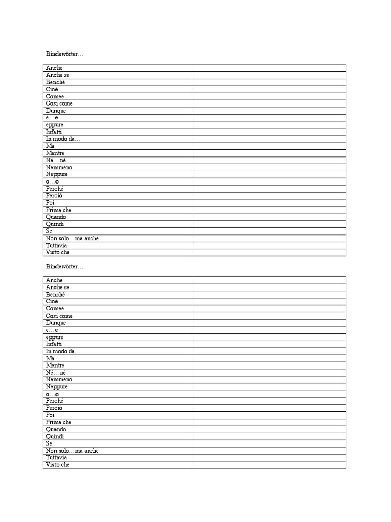 Italienische Konjunktionen - Tabelle | PDF