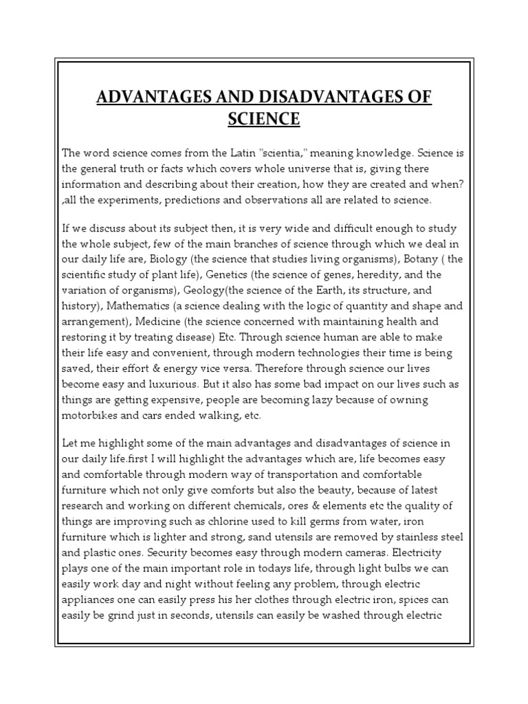 advantages and disadvantages of science essay 100 words