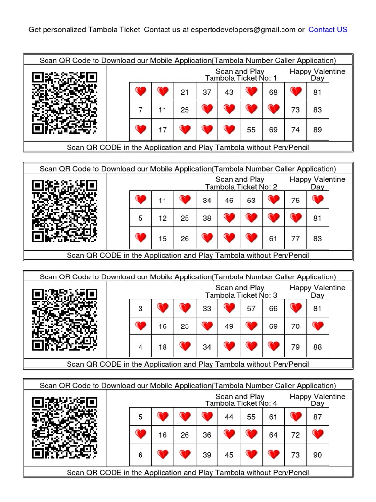 100 tambola tickets printable free valentine theme qr
