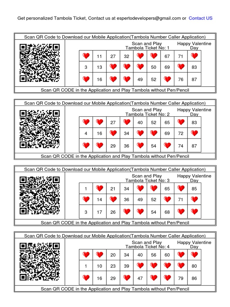 600+ Tambola Tickets Printable FREE (Valentine Theme) | PDF | Qr Code ...