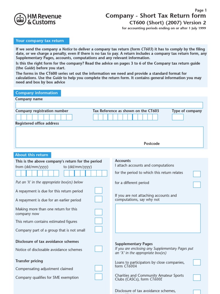 UK Company - Short Tax Return Form - CT600 | United Kingdom Corporation