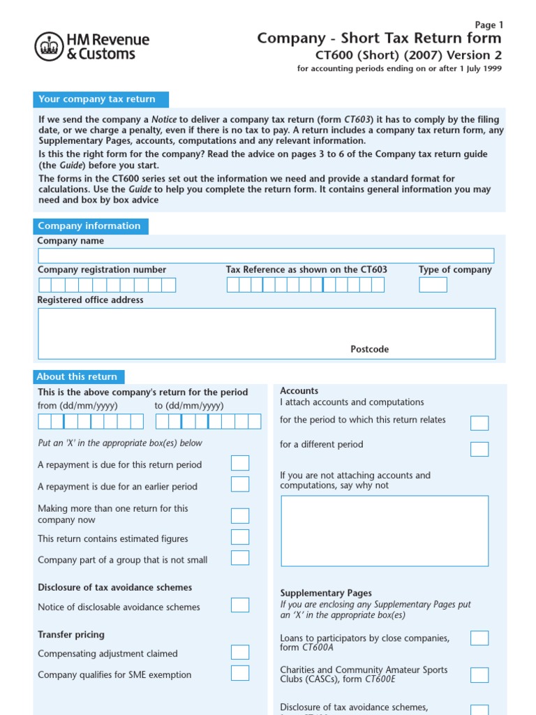 UK Company Short Tax Return Form CT600 United Kingdom Corporation 