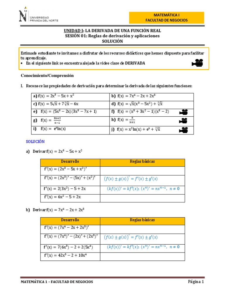 Ht01sol Reglas De Derivacion Y Aplicaciones Funcion Matematicas Derivado