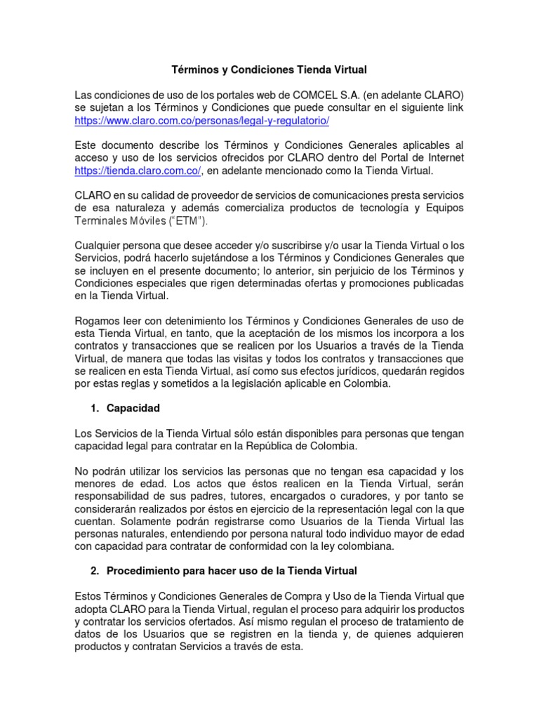 Términos y Condiciones Tienda Claro | PDF | Las compras en línea ...
