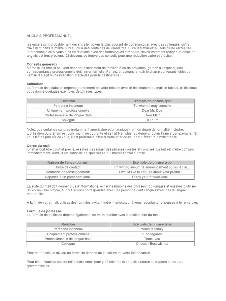 Anglais Professionnel Pdf Phrase Langue Anglaise