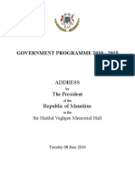Address The President Republic of Mauritius: Government Programme 2010 - 2015