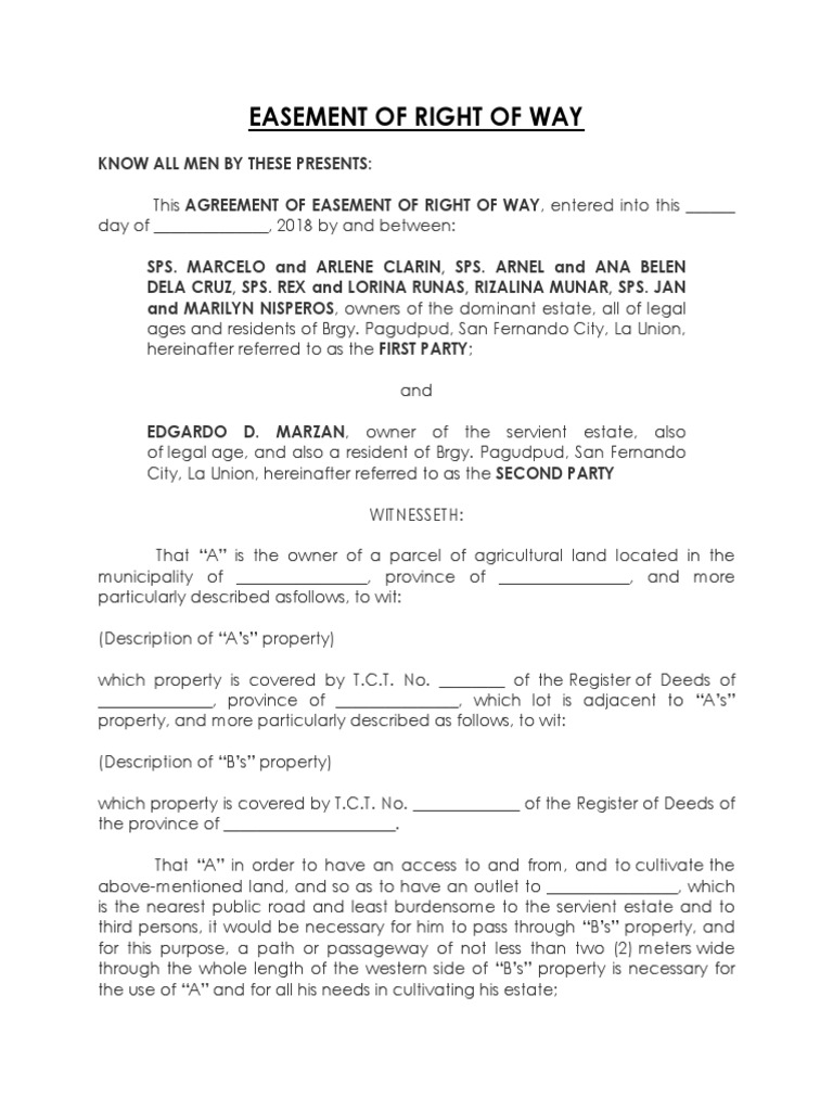 Easement of Right of Way PDF Easement Real Estate Law