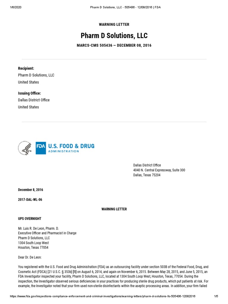 FDA Warning Letter Food And Drug Administration Pharmaceutical Sciences